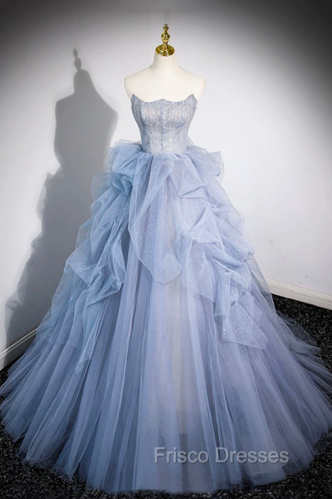 Blue Cascading Ruffles Long Formal Prom Dress, A-Line Strapless Short Sleeve Sweep Train Evening Dress