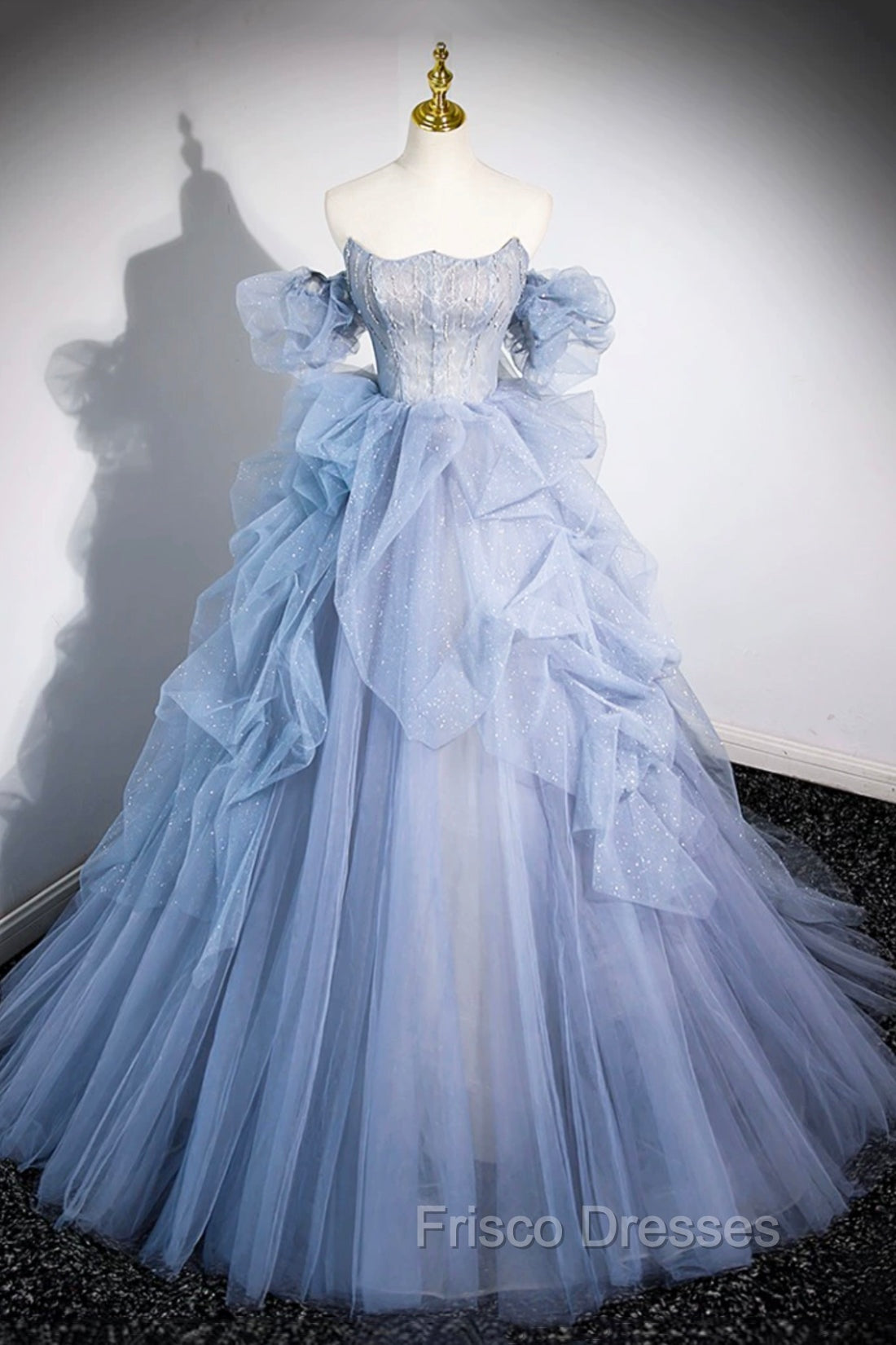 Blue Cascading Ruffles Long Formal Prom Dress, A-Line Strapless Short Sleeve Sweep Train Evening Dress Main image