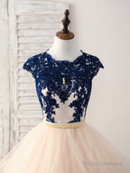 Blue/Champagne Tulle Lace Applique Long Prom Dress, Evening Dress