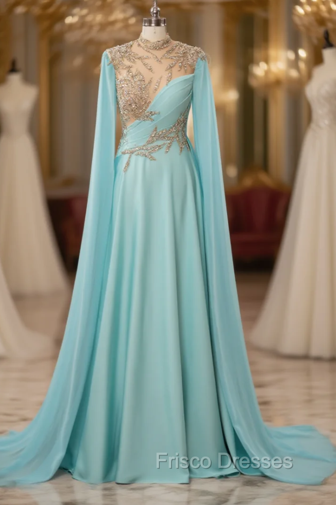 Blue Chiffon Beading High Neck Formal Prom Dress