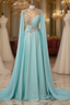 Blue Chiffon Beading High Neck Formal Prom Dress