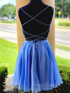 Blue Chiffon Beads Backless Short Formal Prom Dress, Blue Homecoming Dress
