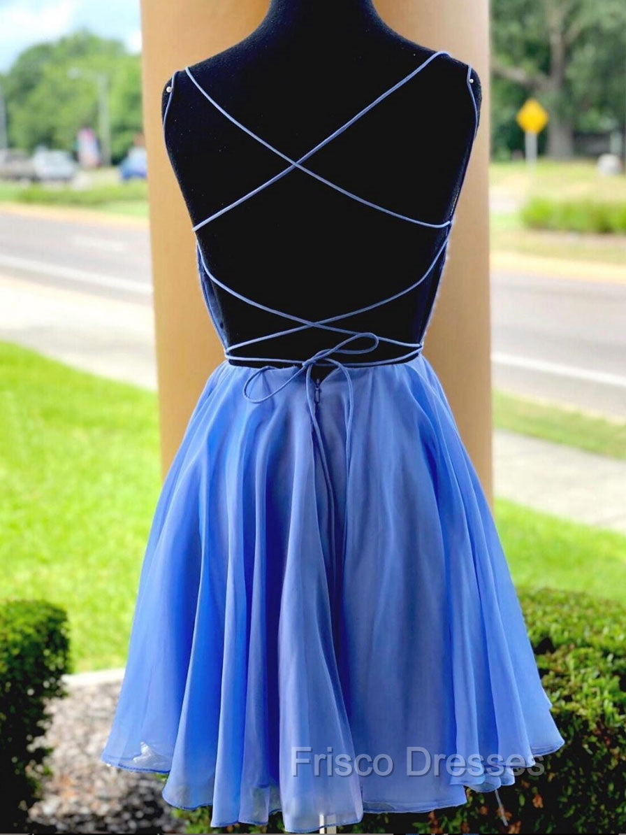 Blue Chiffon Beads Backless Short Formal Prom Dress, Blue Homecoming Dress