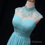 Blue Chiffon Lace And Beaded Cap Sleeves Formal Prom Party Dress, A-Line Chiffon Formal Dress