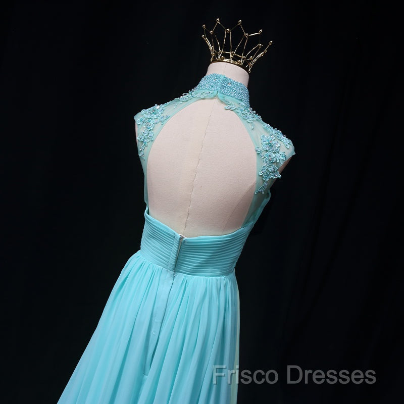 Blue Chiffon Lace And Beaded Cap Sleeves Formal Prom Party Dress, A-Line Chiffon Formal Dress