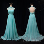 Blue Chiffon Lace And Beaded Cap Sleeves Formal Prom Party Dress, A-Line Chiffon Formal Dress