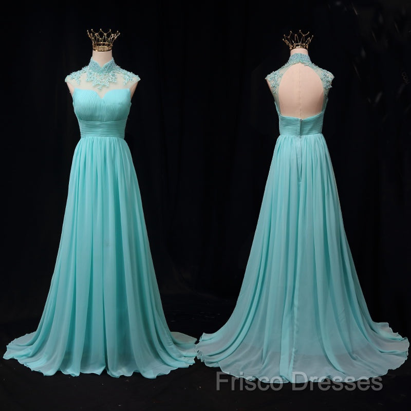 Blue Chiffon Lace And Beaded Cap Sleeves Formal Prom Party Dress, A-Line Chiffon Formal Dress