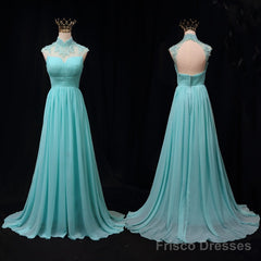 Blue Chiffon Lace And Beaded Cap Sleeves Prom Party Dress, A-Line Chiffon Formal Dress