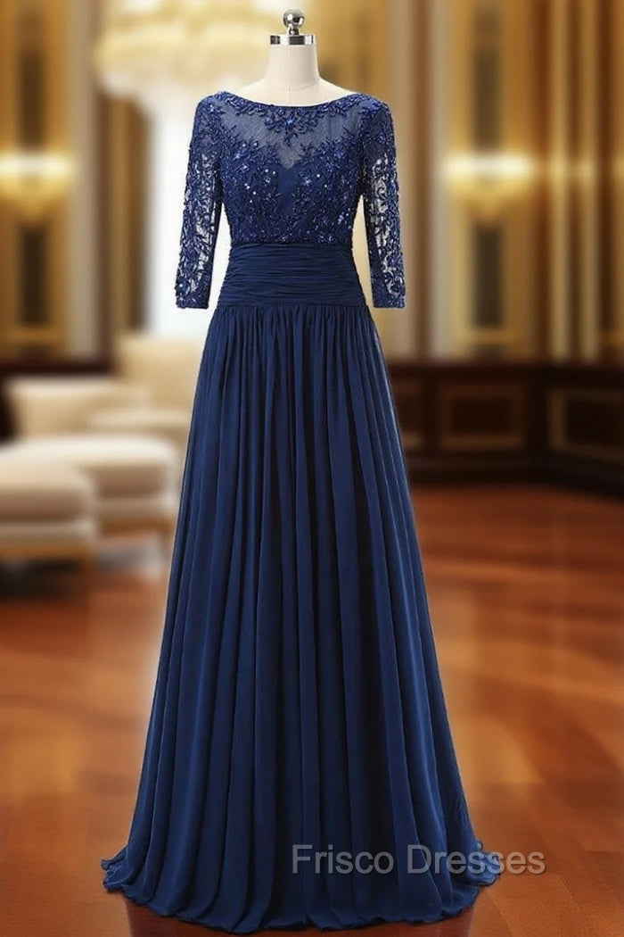 Blue Chiffon Scoop Neck Lace Short Sleeve Mother Of The Bride Dress