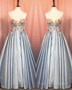 Blue Corset Long Satin Dress With 3D Flowers