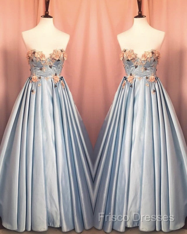 Blue Corset Long Satin Dress With 3D Flowers