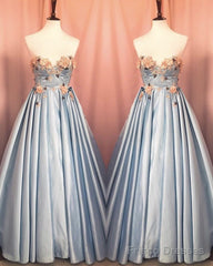 Blue Corset Long Satin Dresses With 3D Flowers
