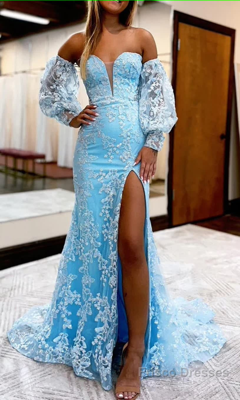 Blue Detachable Sleeves Sweetheart Lace Long Prom Dress with Slit Main image