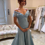 Blue Elegant Simple Off Shoulder Long Satin Prom Dress Evening Dress Party Dress Birthday Dress Graduation Dress