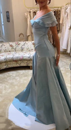 Blue Elegant Simple Off Shoulder Long Satin Prom Dress Evening Dress Party Dress Birthday Dress Graduation Dress