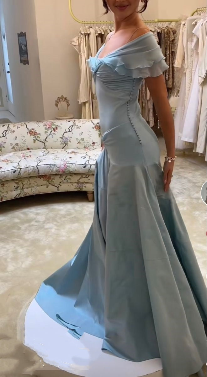 Blue Elegant Simple Off Shoulder Long Satin Prom Dress Evening Dress Party Dress Birthday Dress Graduation Dress