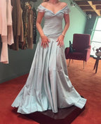 Blue Elegant Simple Off Shoulder Long Satin Prom Dress Evening Dress Party Dress Birthday Dress Graduation Dress