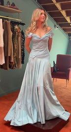 Blue Elegant Simple Off Shoulder Long Satin Prom Dress Evening Dress Party Dress Birthday Dress Graduation Dress