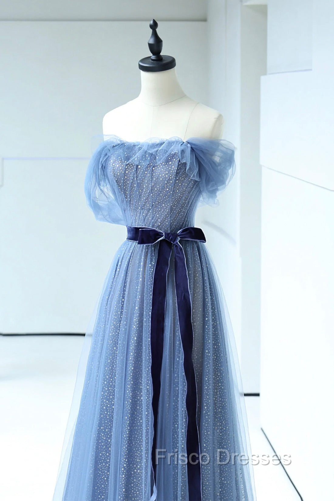 Blue Floor Length Formal Prom Dress, A-line Strapless Tulle Evening Dress