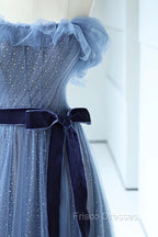 Blue Floor Length Formal Prom Dress, A-line Strapless Tulle Evening Dress