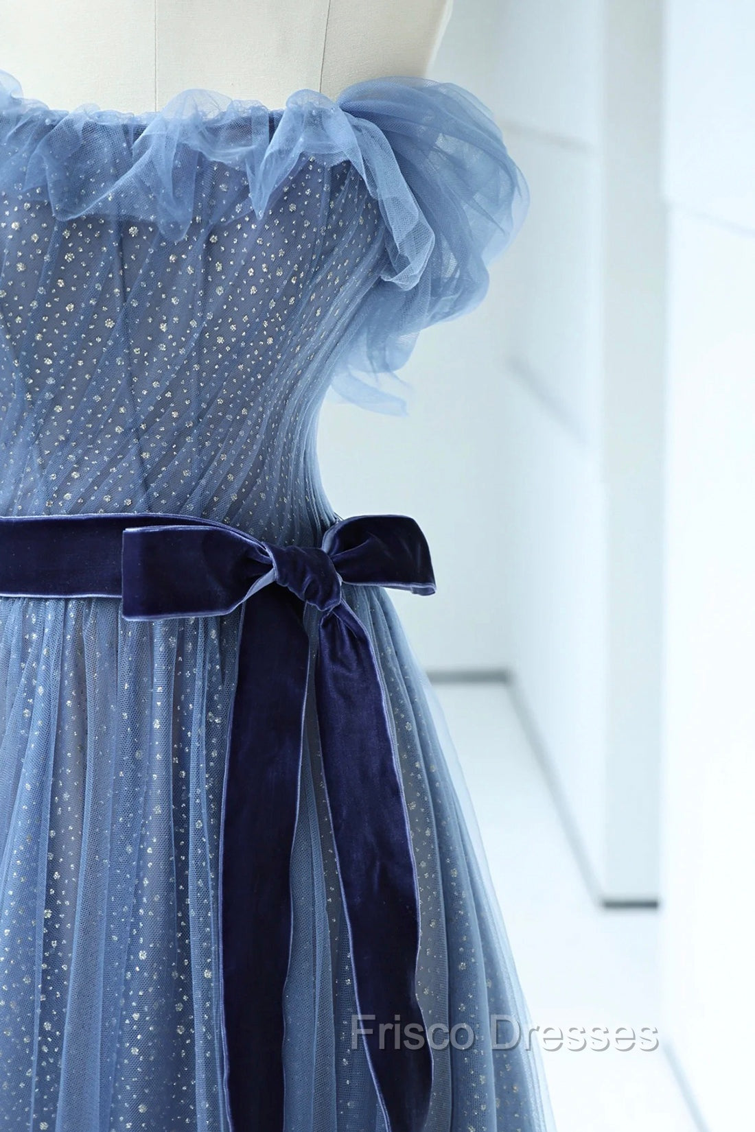 Blue Floor Length Formal Prom Dress, A-line Strapless Tulle Evening Dress