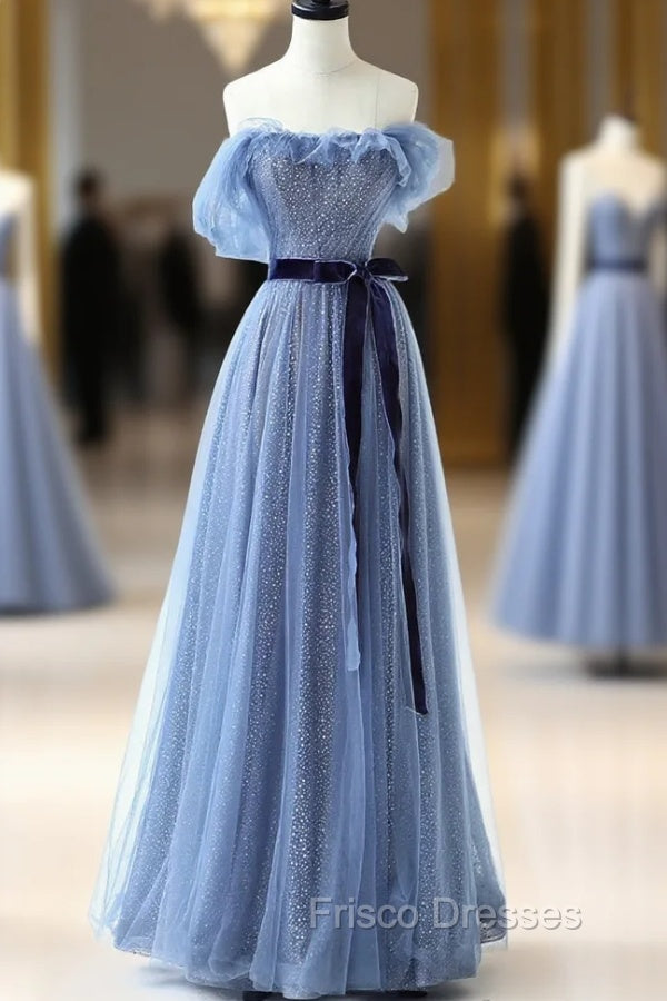 Blue Floor Length Formal Prom Dress, A-line Strapless Tulle Evening Dress Main image