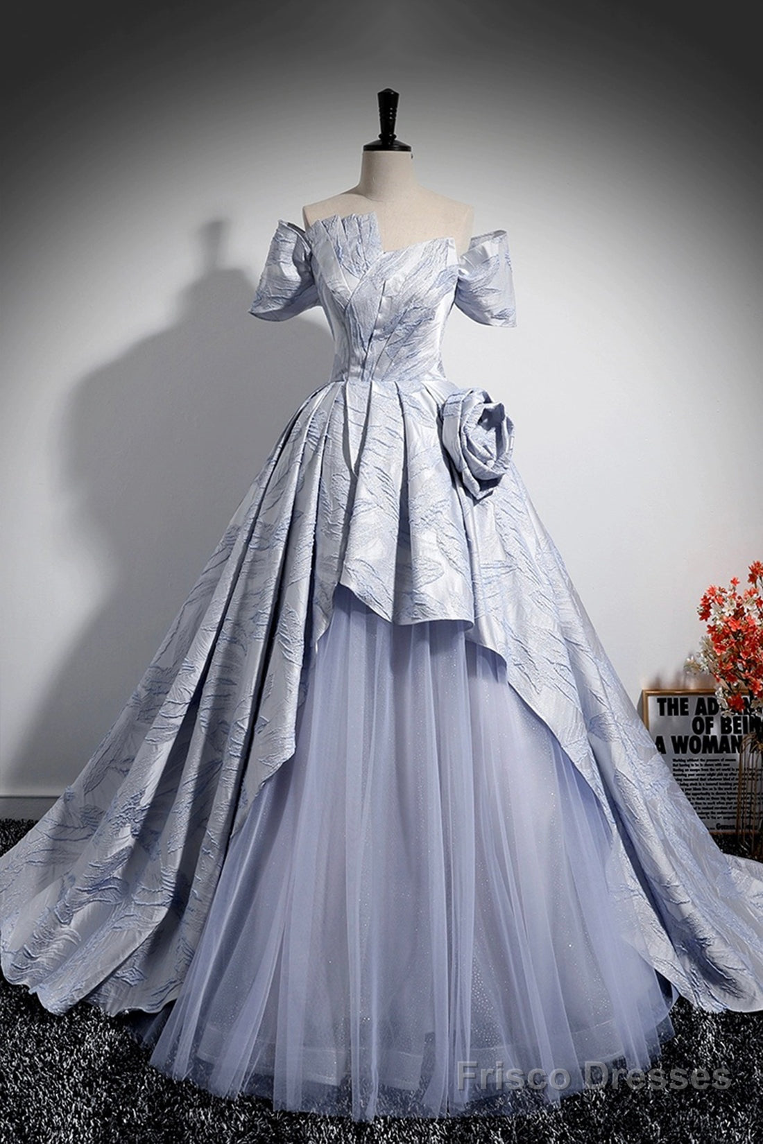 Blue Floor Length Tulle Prom Dress, Off The Shoulder A-Line Evening Party Dress Main image