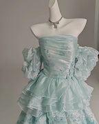 Blue Floral A-Line Strapless Organza Long Formal Prom Dress Graduation Formal Prom Dress