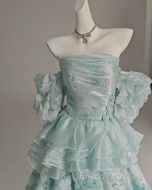 Blue Floral A-Line Strapless Organza Long Formal Prom Dress Graduation Formal Prom Dress