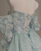 Blue Floral A-Line Strapless Organza Long Formal Prom Dress Graduation Formal Prom Dress