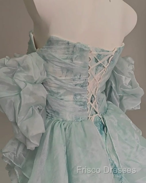 Blue Floral A-Line Strapless Organza Long Formal Prom Dress Graduation Formal Prom Dress