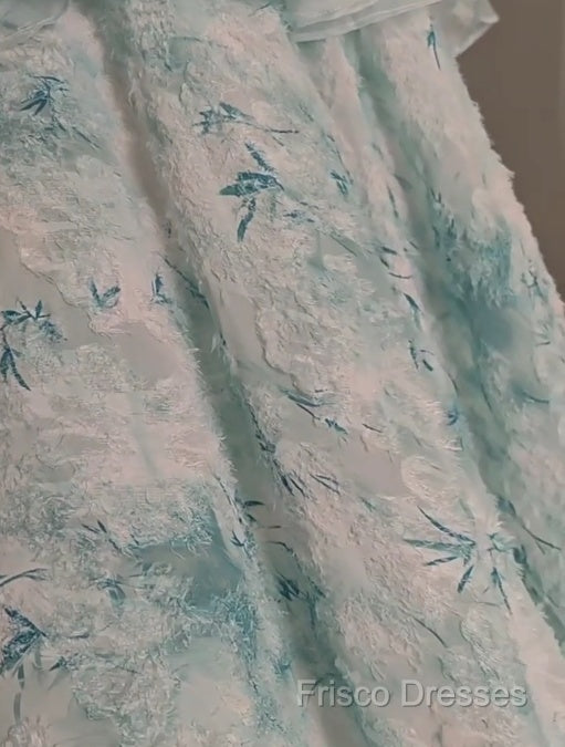 Blue Floral A-Line Strapless Organza Long Formal Prom Dress Graduation Formal Prom Dress