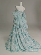 Blue Floral A-Line Strapless Organza Long Formal Prom Dress Graduation Formal Prom Dress
