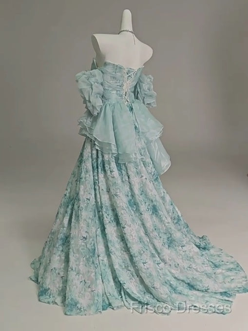 Blue Floral A-Line Strapless Organza Long Formal Prom Dress Graduation Formal Prom Dress