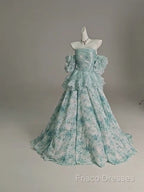 Blue Floral A-Line Strapless Organza Long Formal Prom Dress Graduation Formal Prom Dress