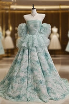 Blue Floral A-Line Strapless Organza Long Formal Prom Dress Graduation Formal Prom Dress
