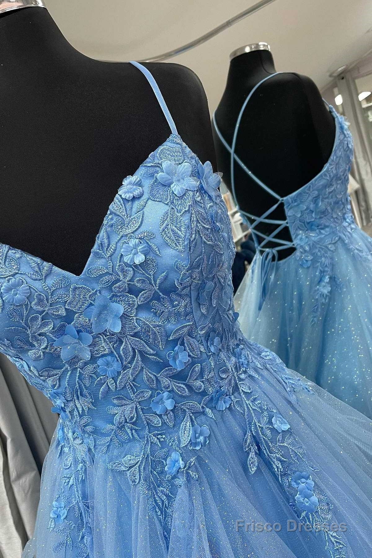 Blue Floral Appliques Lace-Up Tiered A-Line Prom Dress Holiday Dresses Secondary image