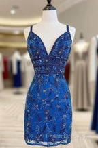 Blue Floral Lace Beaded Lace-Up Back Cocktail Dress