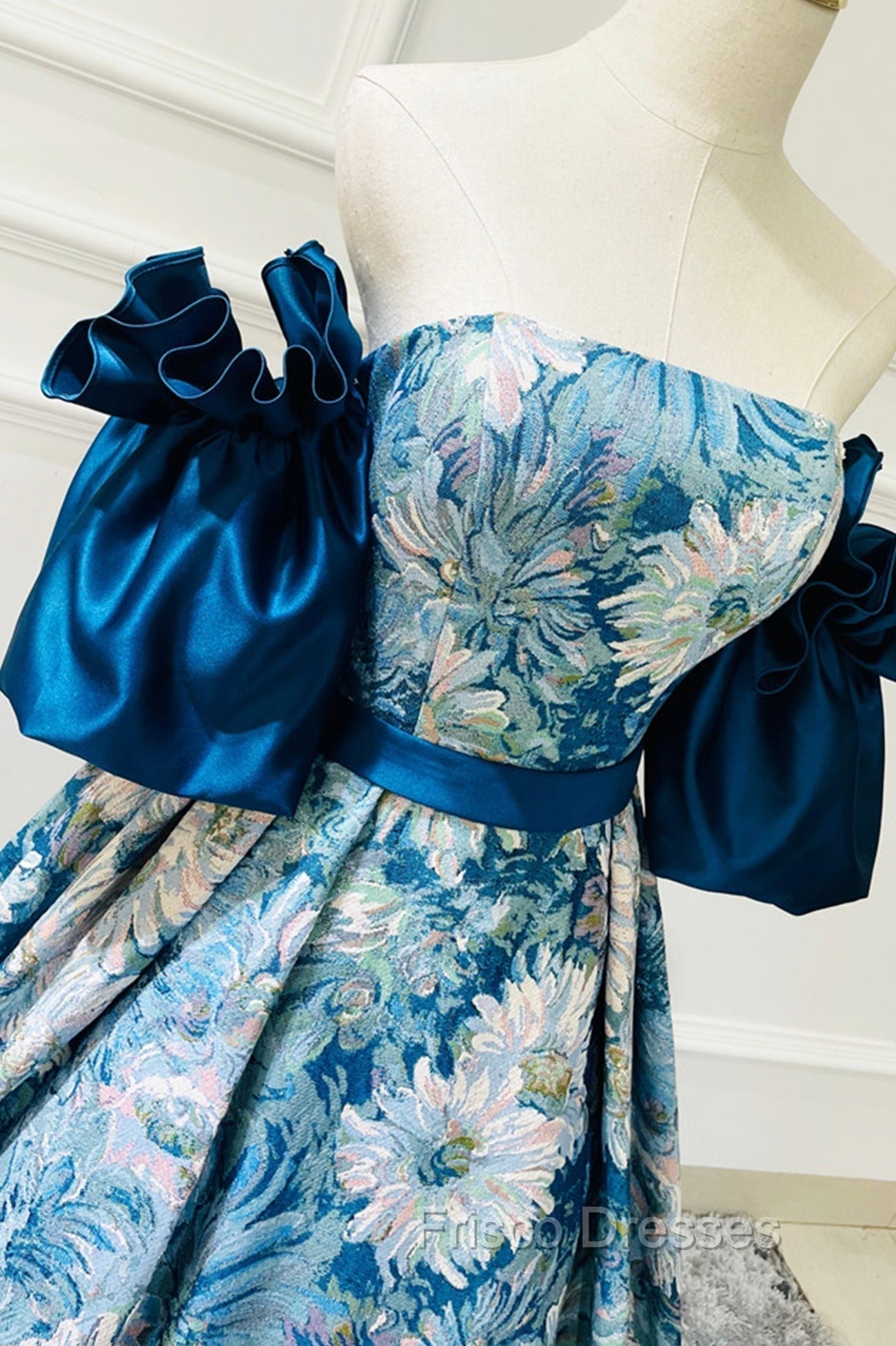 Blue Floral Pattern Long Senior Formal Prom Dress, Off the Shoulder Evening Party Dress Secondary image