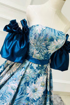 Blue Floral Pattern Long Senior Formal Prom Dress, Off the Shoulder Evening Party Dress