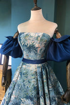 Blue Floral Pattern Long Senior Formal Prom Dress, Off the Shoulder Evening Party Dress