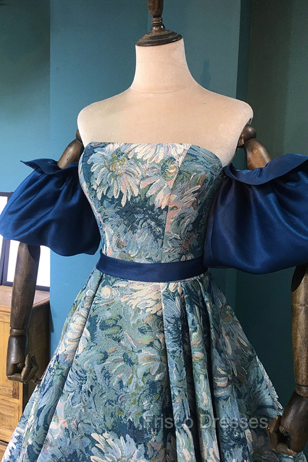 Blue Floral Pattern Long Senior Formal Prom Dress, Off the Shoulder Evening Party Dress