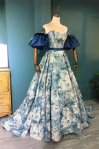 Blue Floral Pattern Long Senior Formal Prom Dress, Off the Shoulder Evening Party Dress