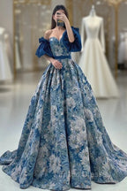 Blue Floral Pattern Long Senior Formal Prom Dress, Off the Shoulder Evening Party Dress