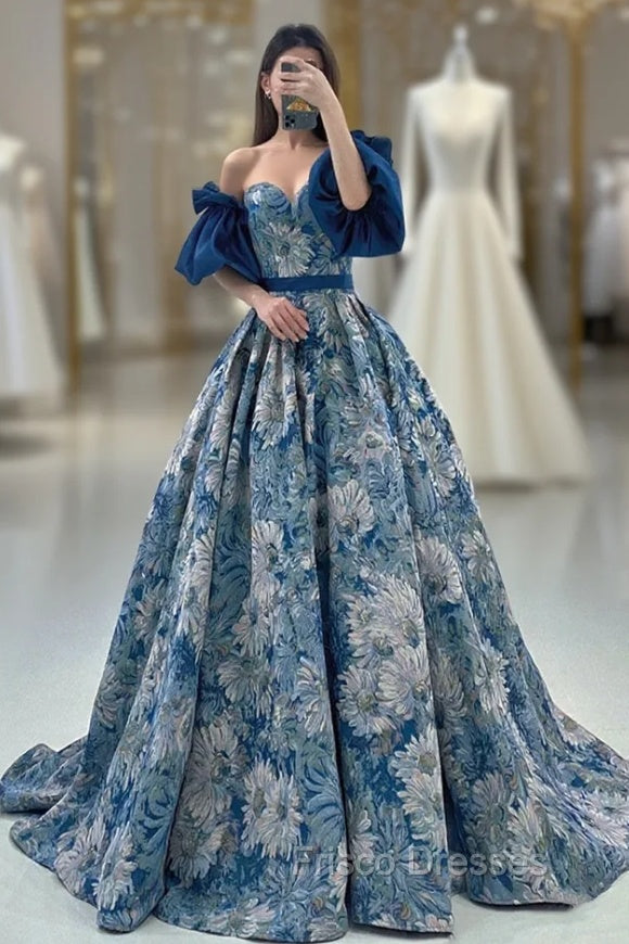 Blue Floral Pattern Long Senior Formal Prom Dress, Off the Shoulder Evening Party Dress