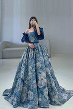 Blue Floral Pattern Long Senior Formal Prom Dress, Off the Shoulder Evening Party Dress