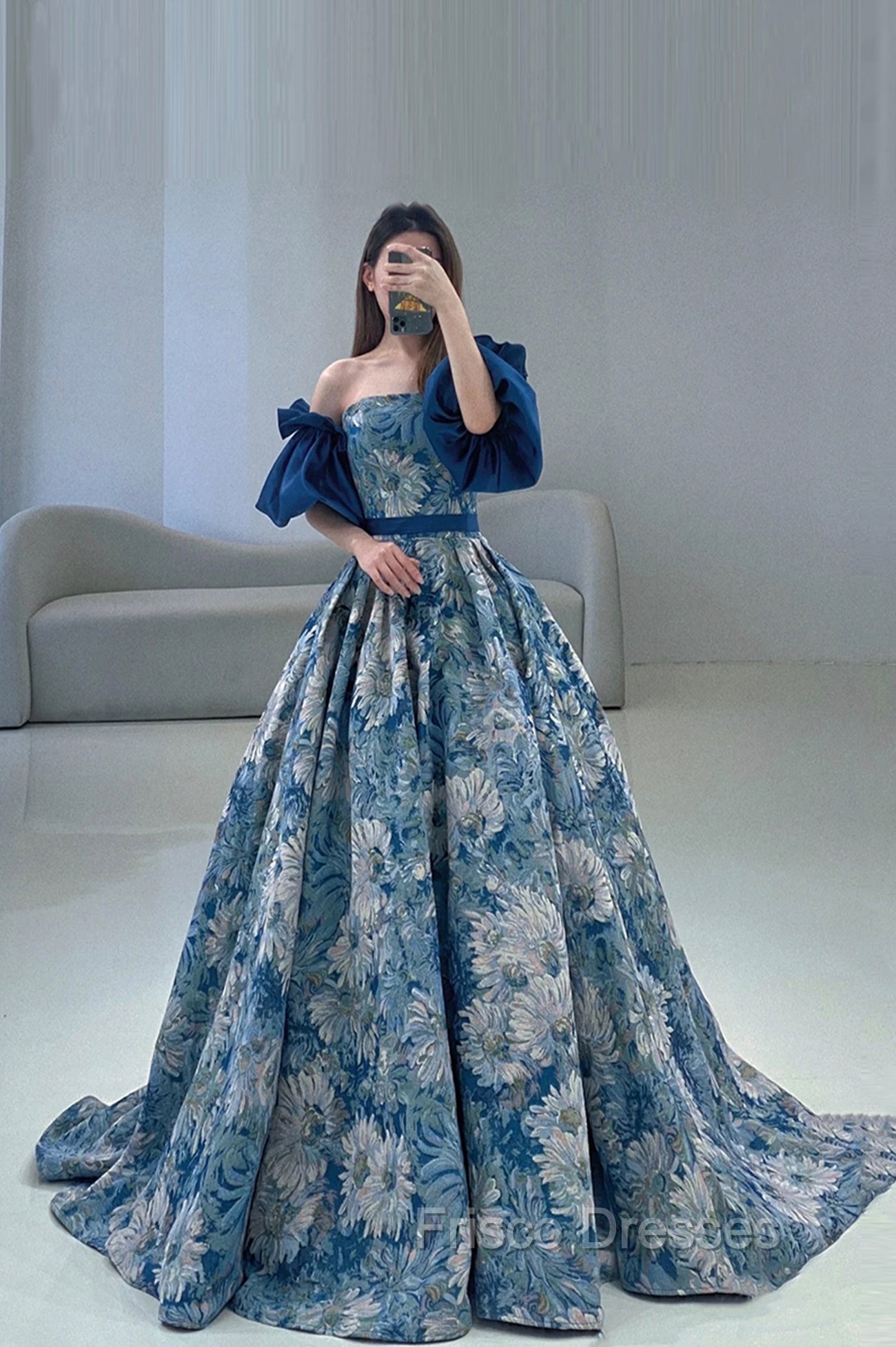 Blue Floral Pattern Long Senior Formal Prom Dress, Off the Shoulder Evening Party Dress