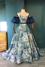 Blue Floral Pattern Long Senior Formal Prom Dress, Off the Shoulder Evening Party Dress