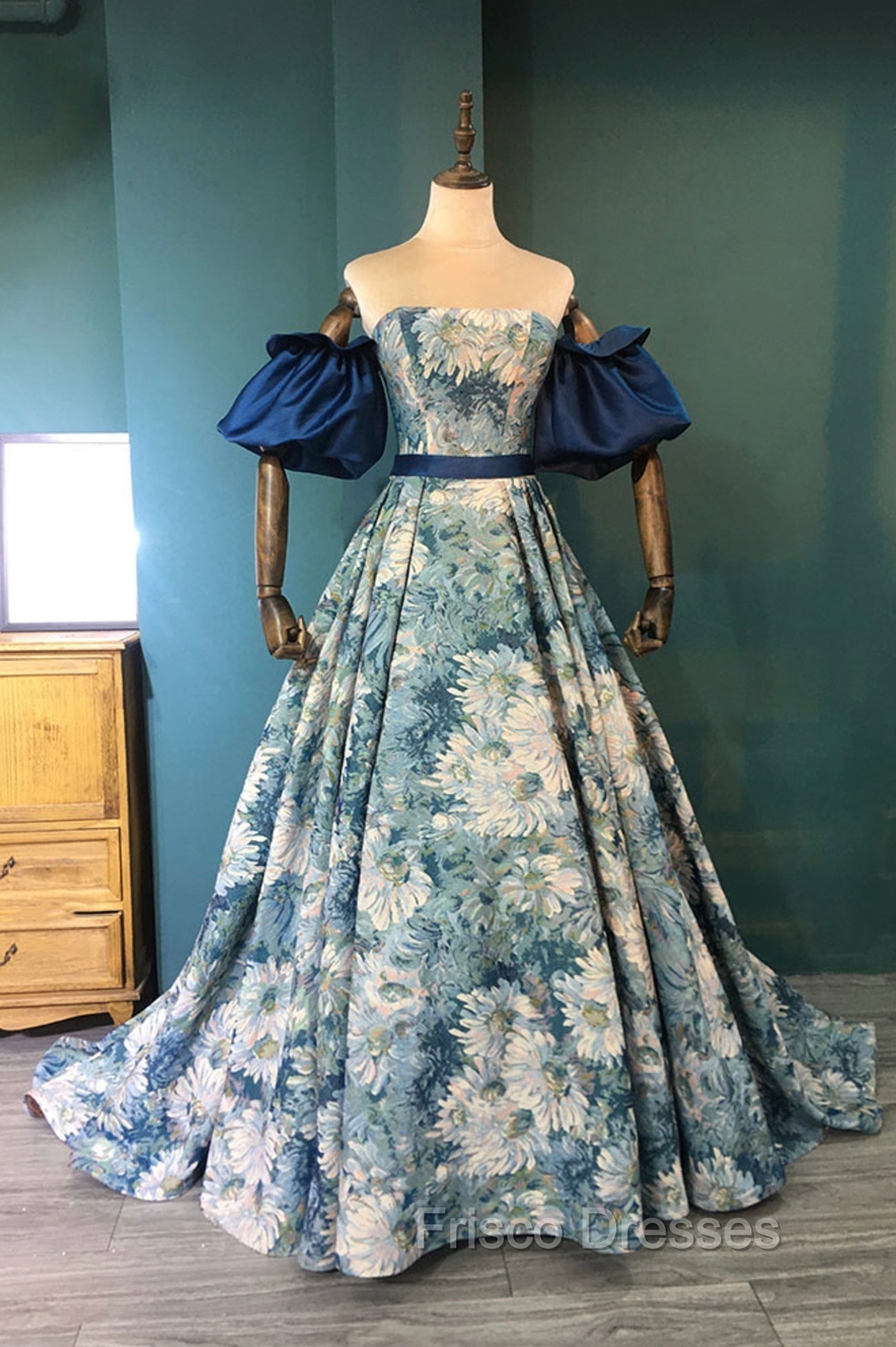 Blue Floral Pattern Long Senior Formal Prom Dress, Off the Shoulder Evening Party Dress