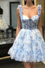 Blue Floral Printed Spaghetti Straps A-Line Short Corset Homecoming Dress